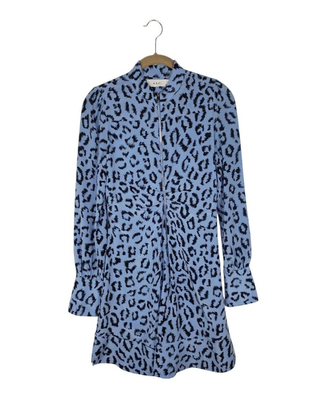 ALC Marcella Blue Leopard Print Silk Dress Long Sleeve Mini Zip Womens 2
